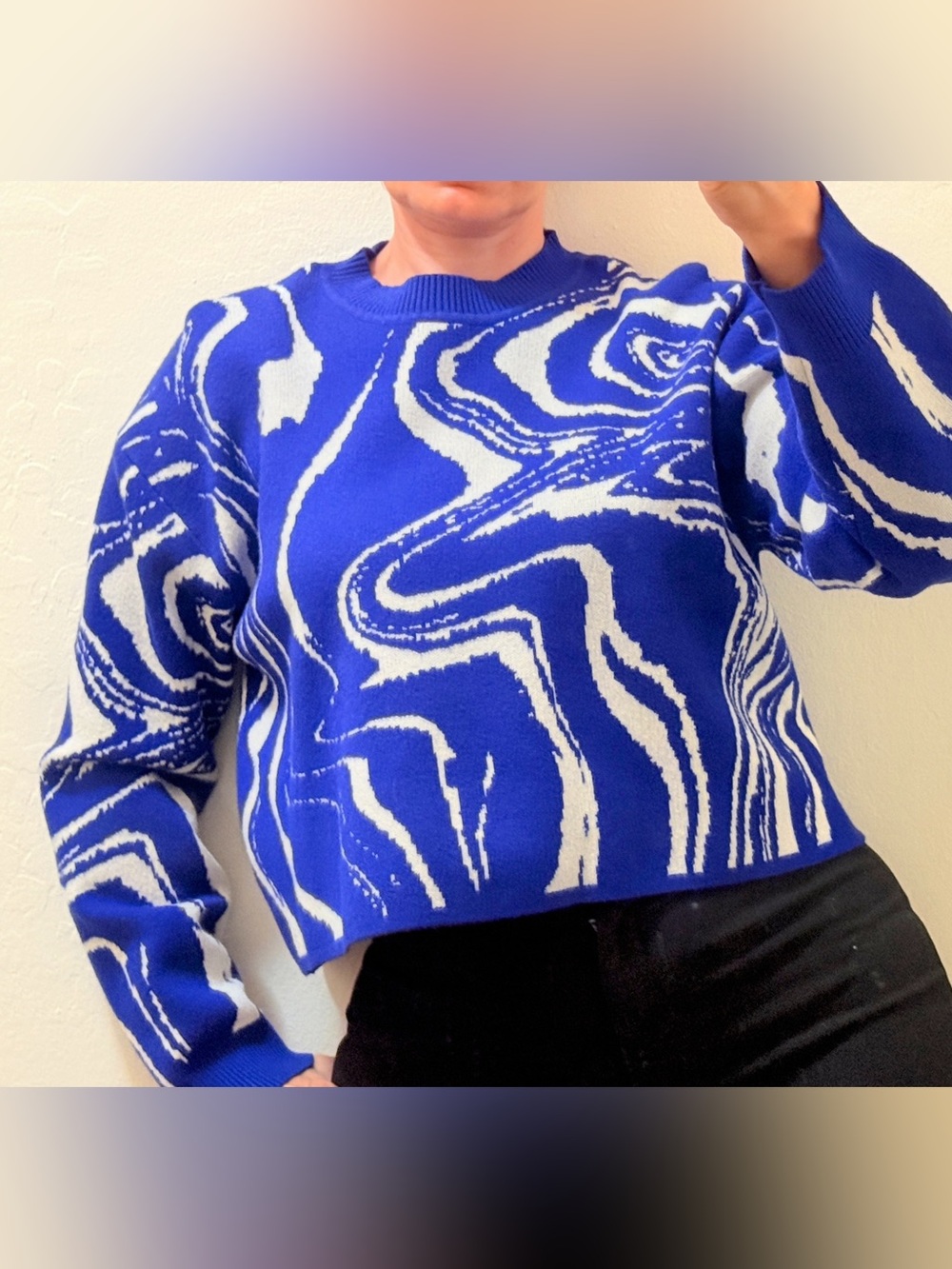 Lucy Paris Blue White Abstract Swirl Cropped Sweater Size L